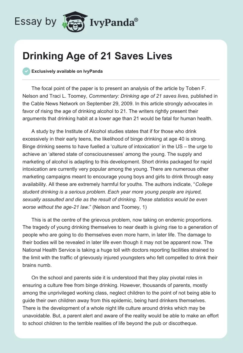 Drinking Age of 21 Saves Lives. Page 1