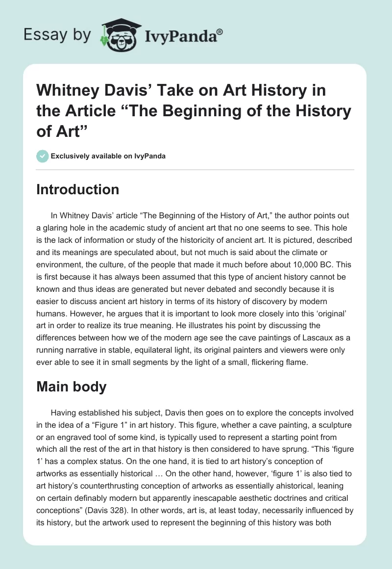 Whitney Davis’ Take on Art History in the Article “The Beginning of the History of Art”. Page 1
