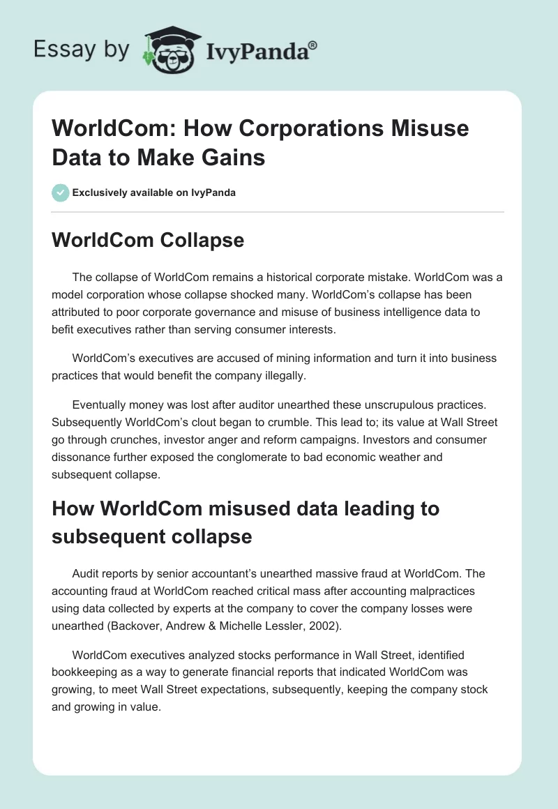 WorldCom: How Corporations Misuse Data to Make Gains. Page 1