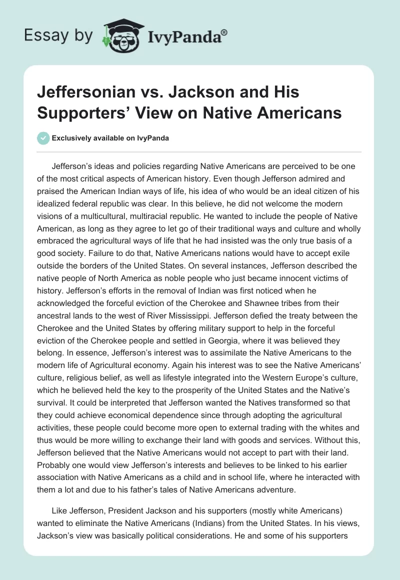 Jeffersonian vs. Jackson and His Supporters’ View on Native Americans. Page 1