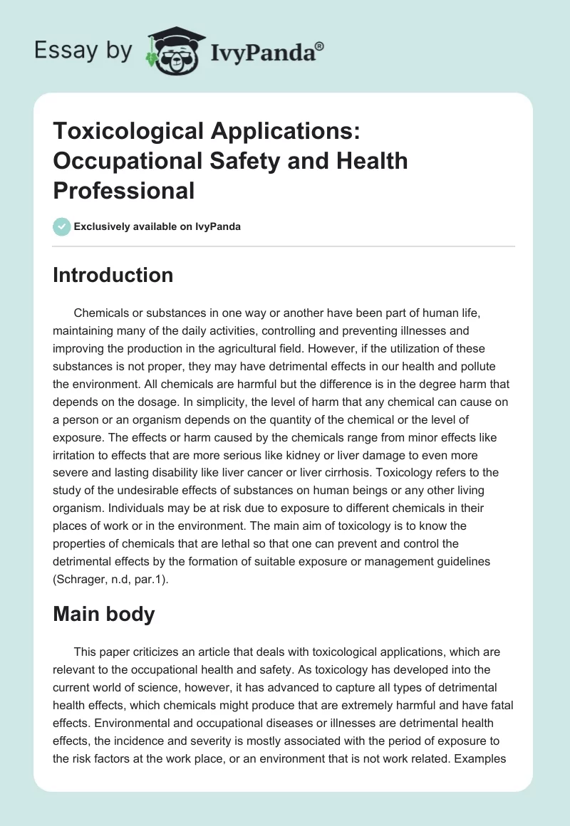 Toxicological Applications: Occupational Safety and Health Professional. Page 1