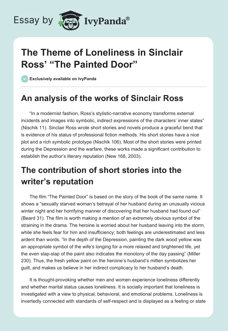 The Theme of Loneliness in Sinclair Ross’ “The Painted Door”. Page 1