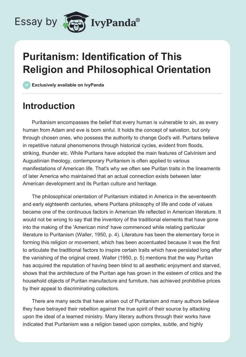 Puritanism: Identification of This Religion and Philosophical Orientation. Page 1