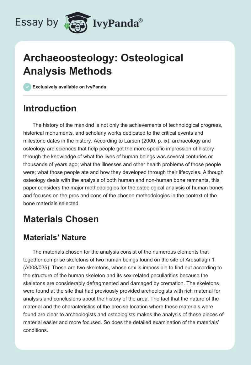 Archaeoosteology: Osteological Analysis Methods. Page 1