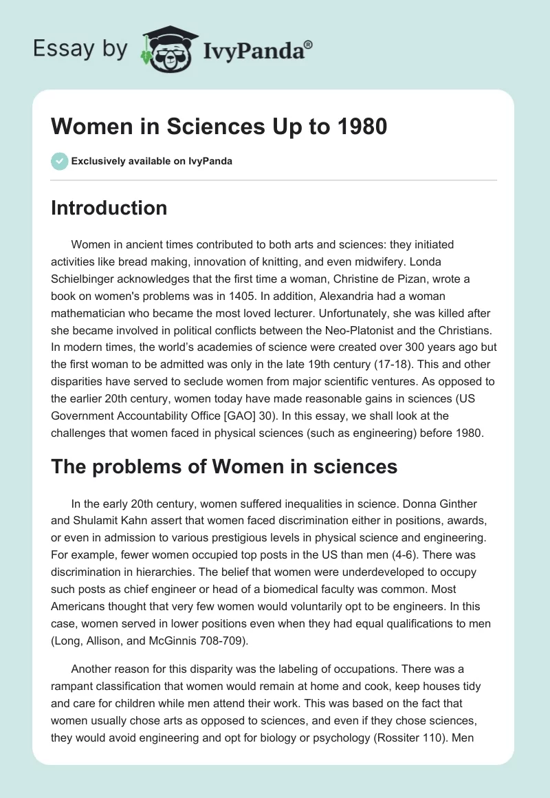 Women in Sciences Up to 1980. Page 1