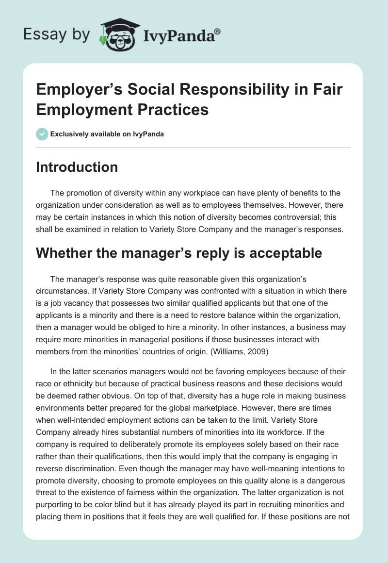 Employer’s Social Responsibility in Fair Employment Practices. Page 1