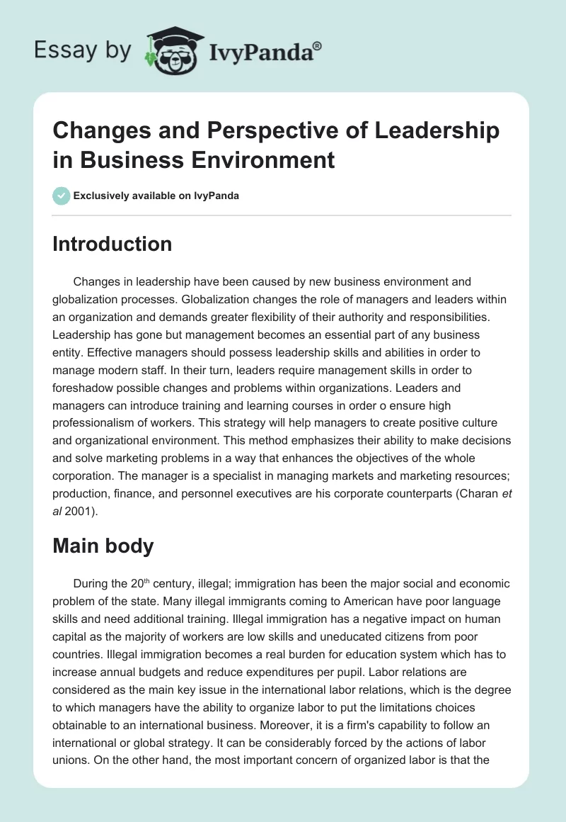 Changes and Perspective of Leadership in Business Environment. Page 1