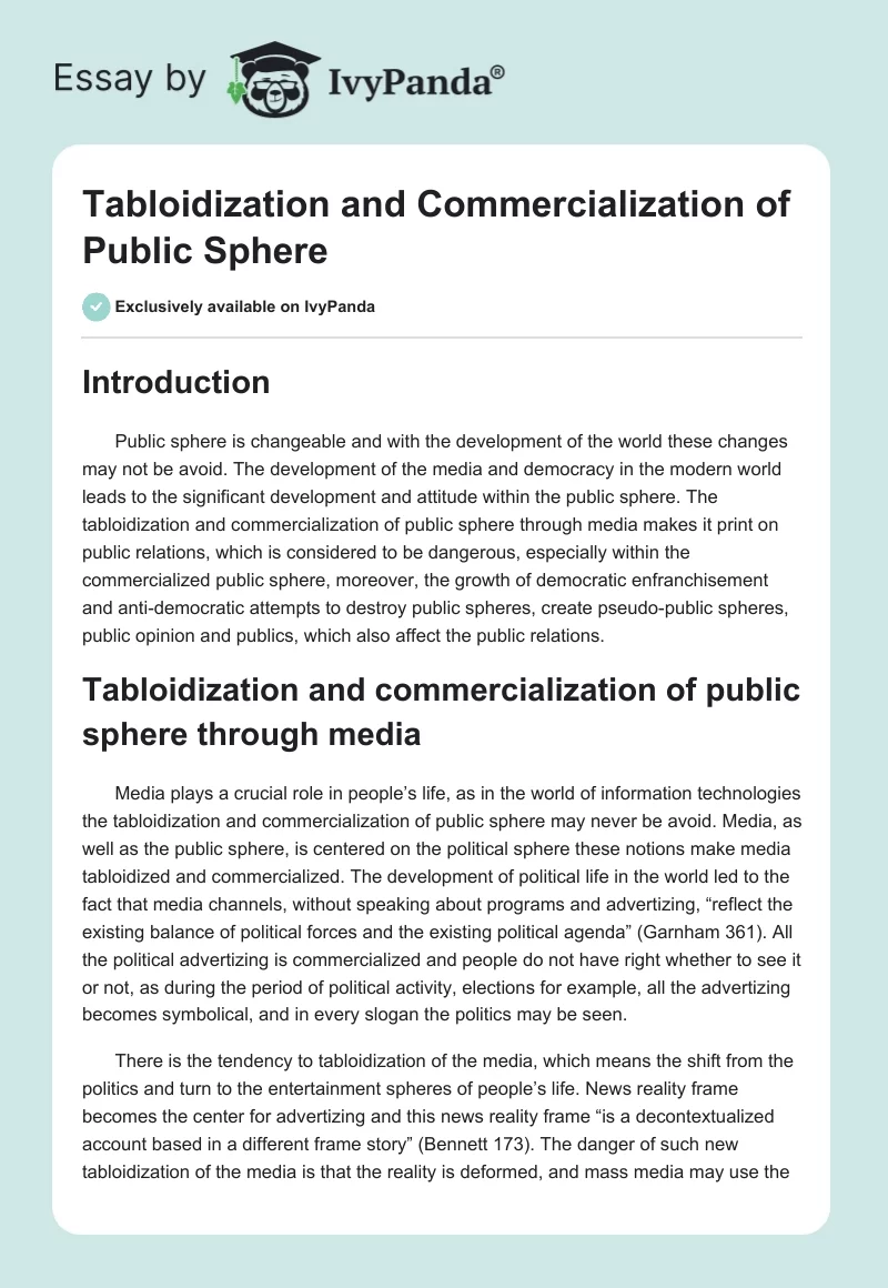 Tabloidization and Commercialization of Public Sphere. Page 1