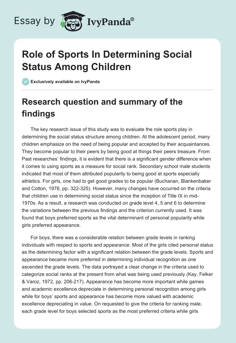 Role of Sports In Determining Social Status Among Children. Page 1