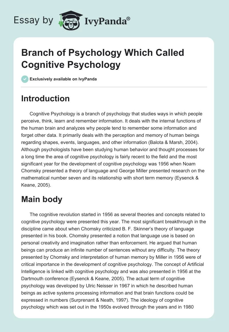 Branch of Psychology Which Called Cognitive Psychology. Page 1