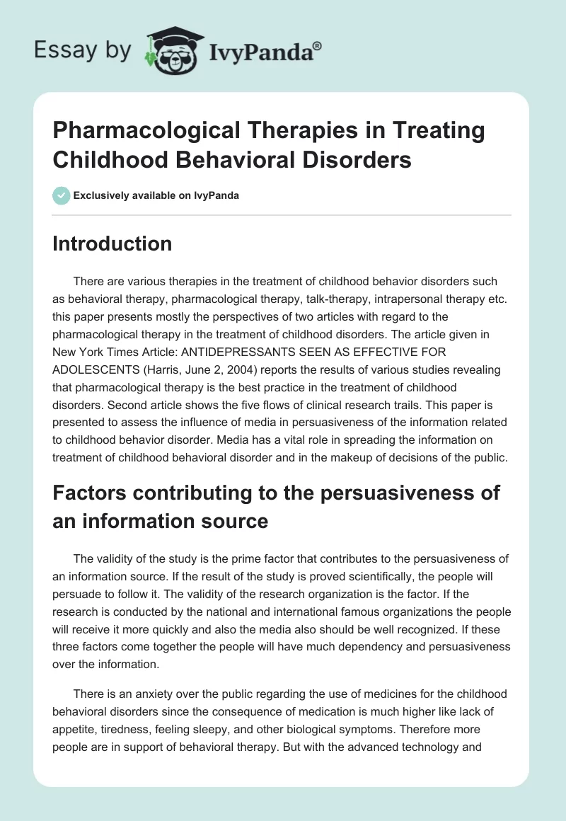 Pharmacological Therapies in Treating Childhood Behavioral Disorders. Page 1