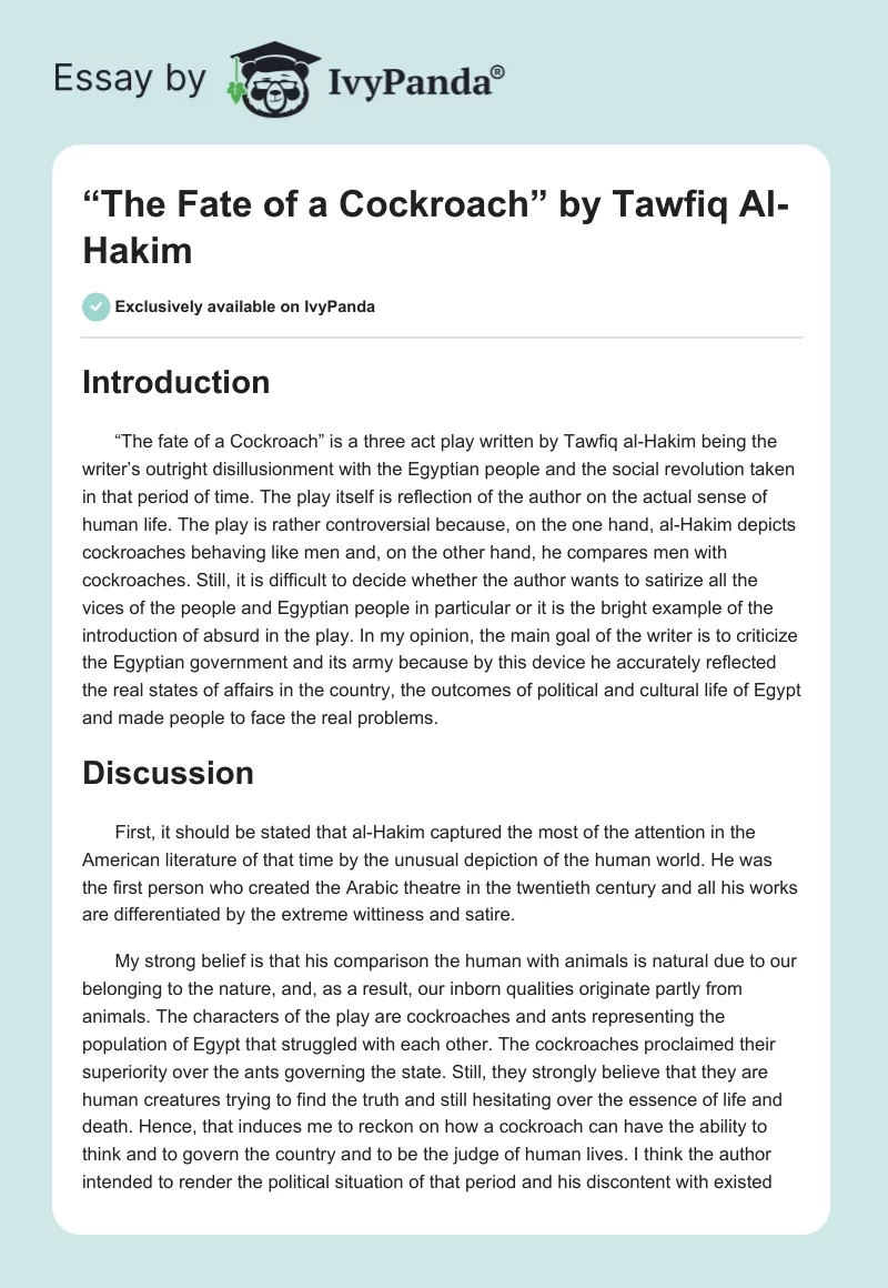 “The Fate of a Cockroach” by Tawfiq Al-Hakim. Page 1