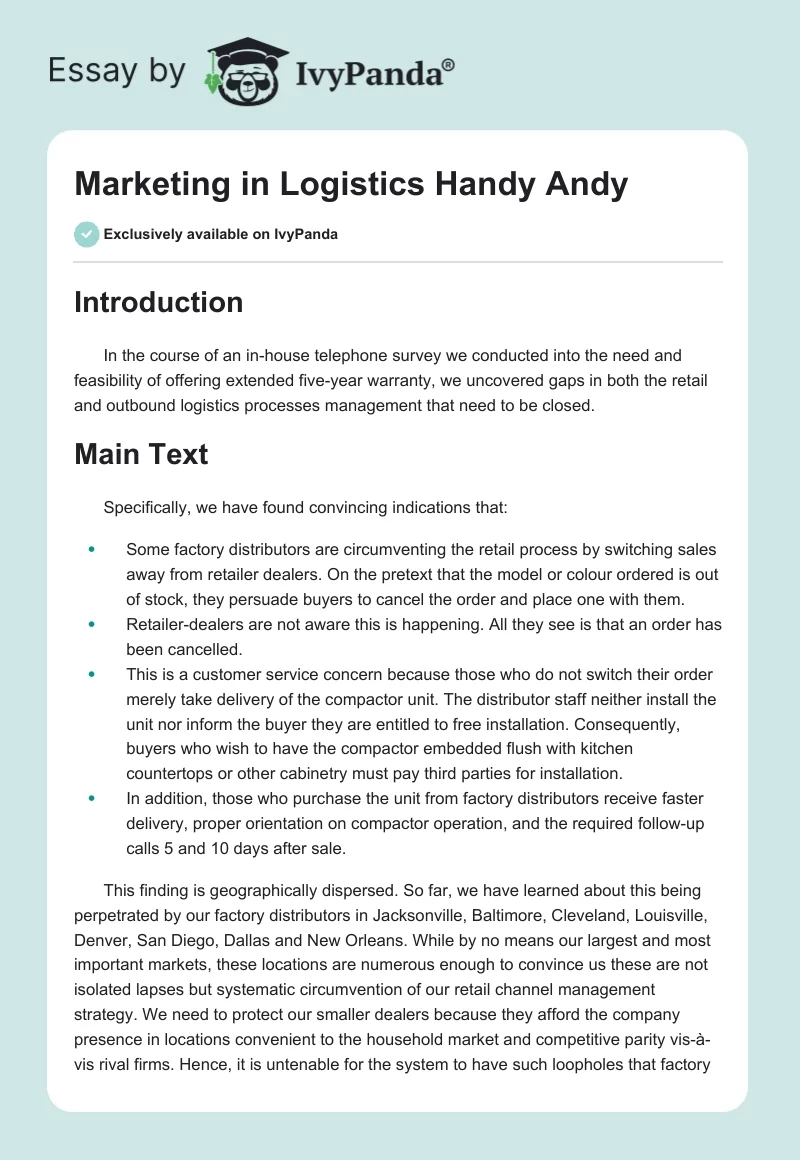 Marketing in Logistics Handy Andy. Page 1
