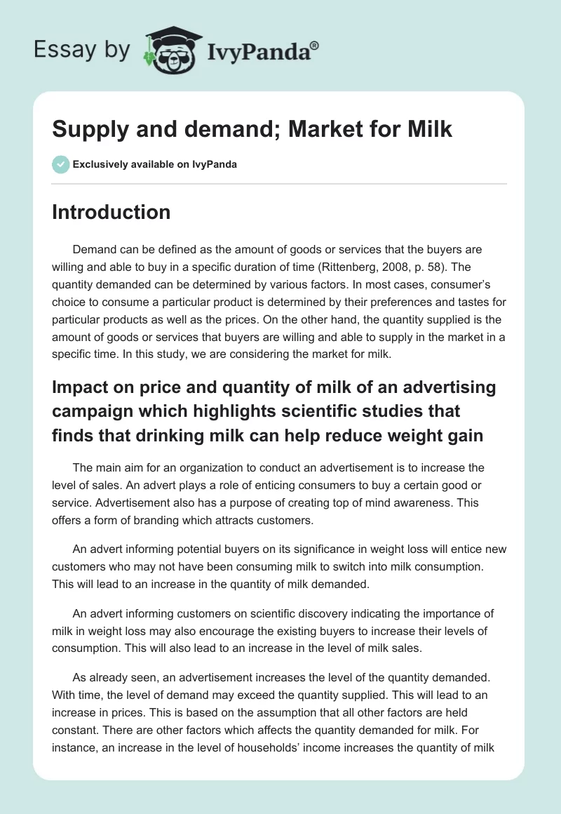 Supply and demand; Market for Milk. Page 1