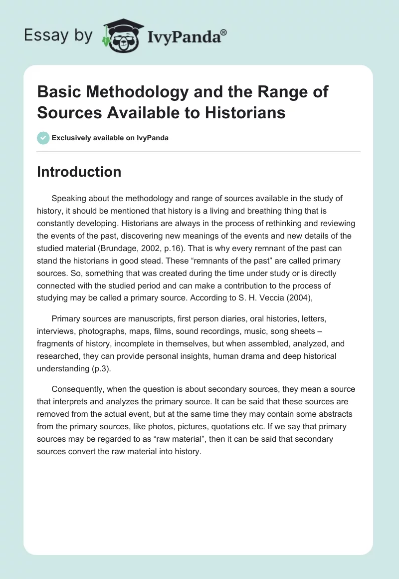 Basic Methodology and the Range of Sources Available to Historians. Page 1