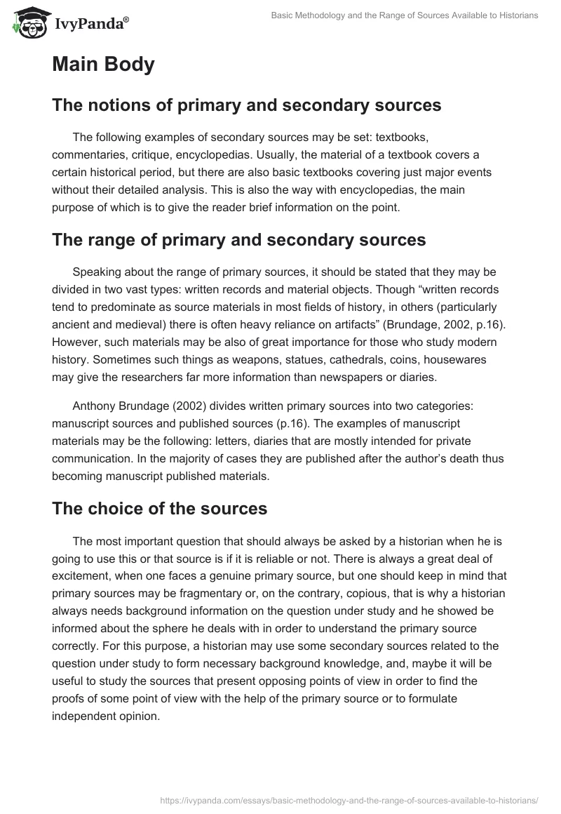 Basic Methodology and the Range of Sources Available to Historians. Page 2