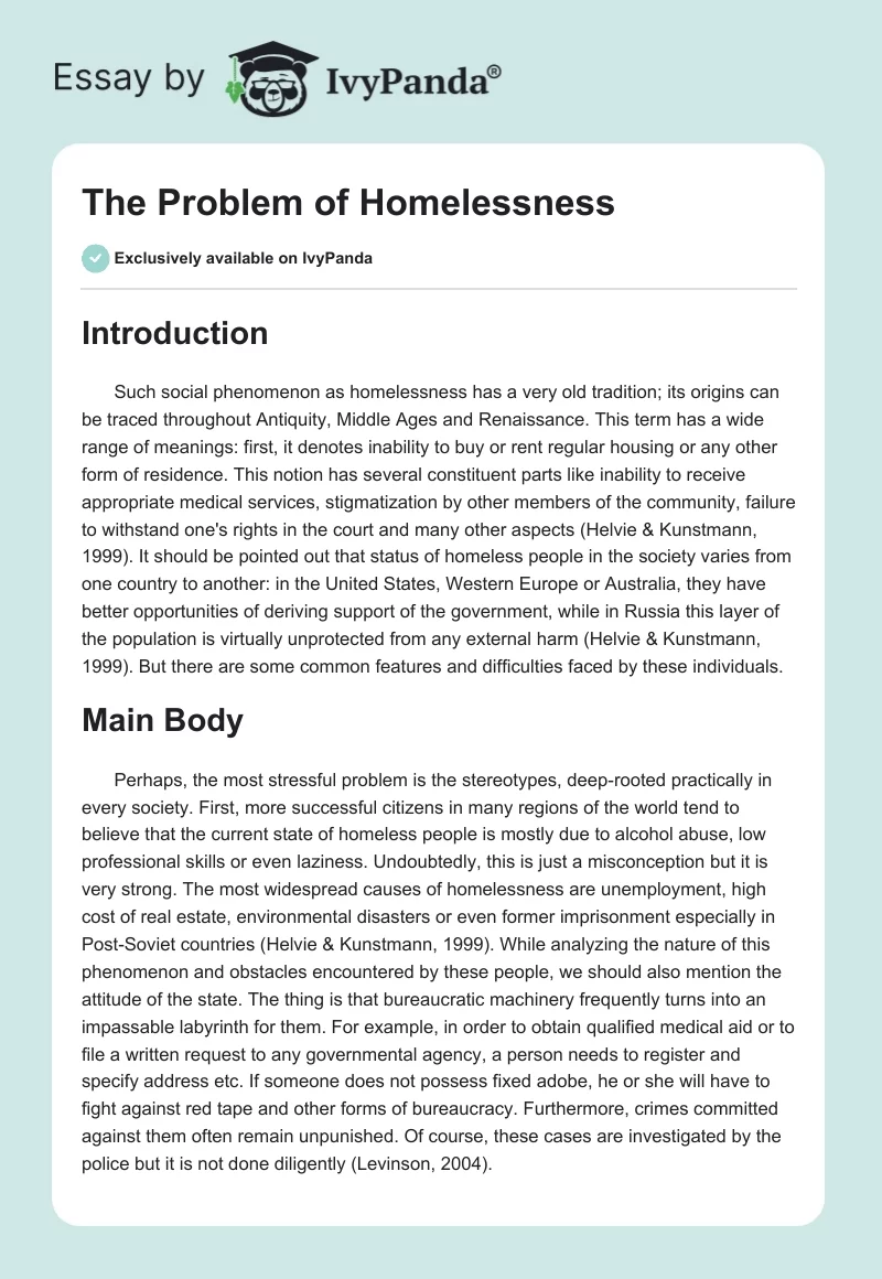 The Problem of Homelessness. Page 1