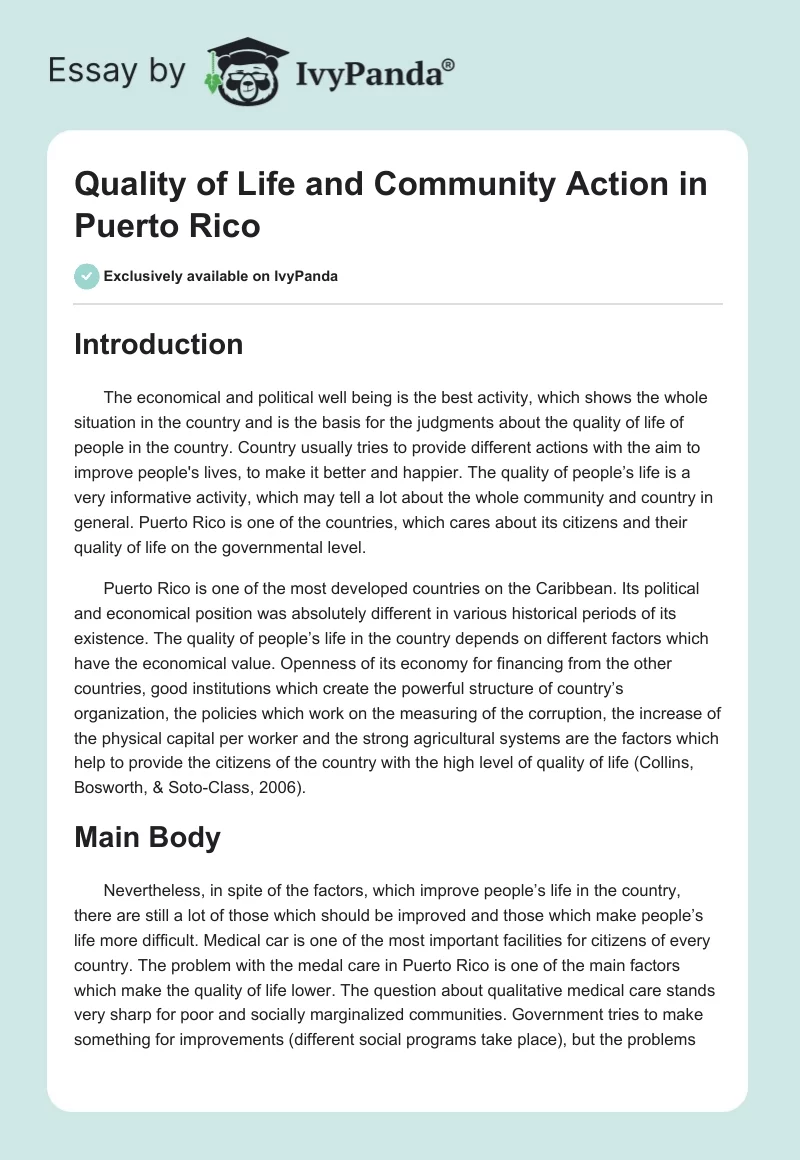 Quality of Life and Community Action in Puerto Rico. Page 1
