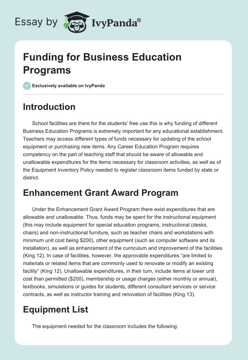 Funding for Business Education Programs. Page 1