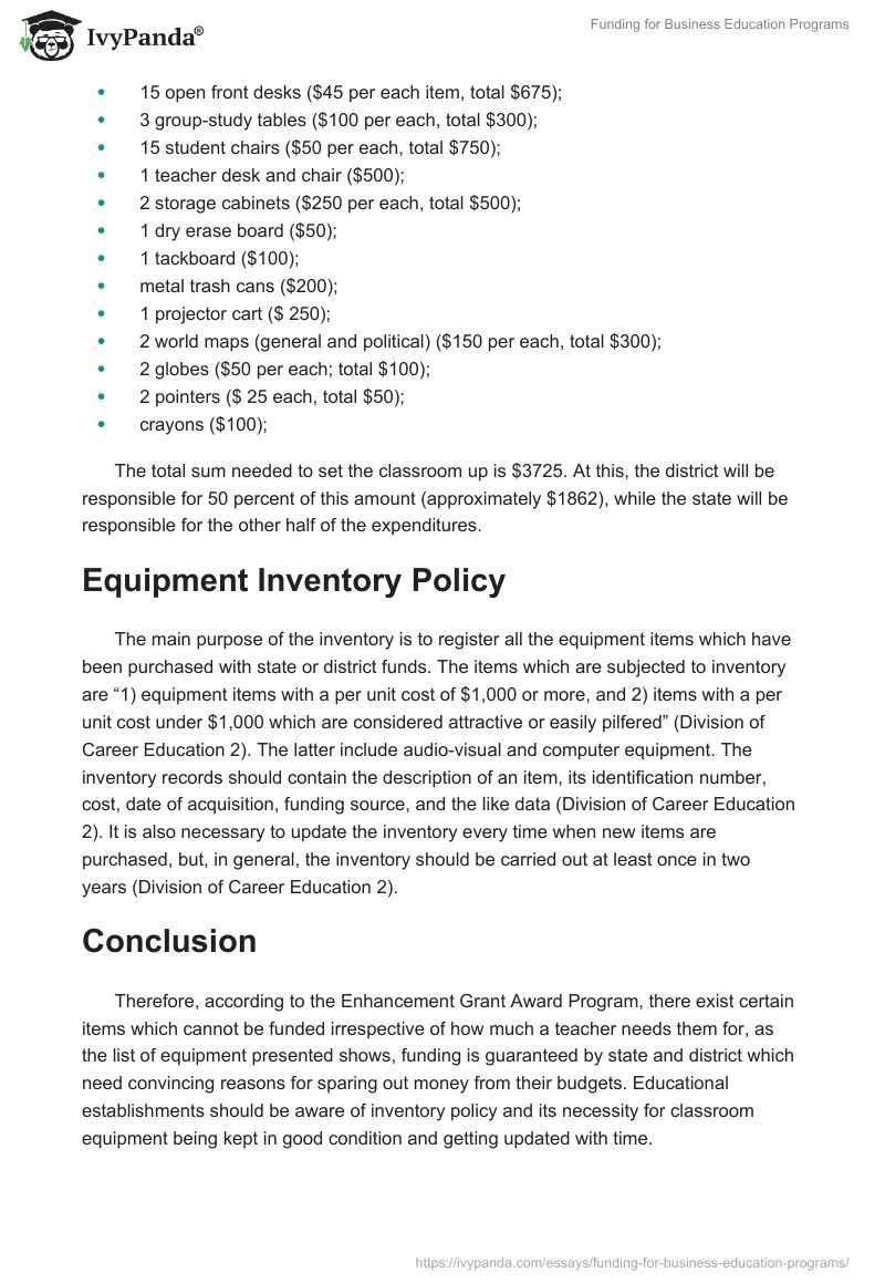 Funding for Business Education Programs. Page 2