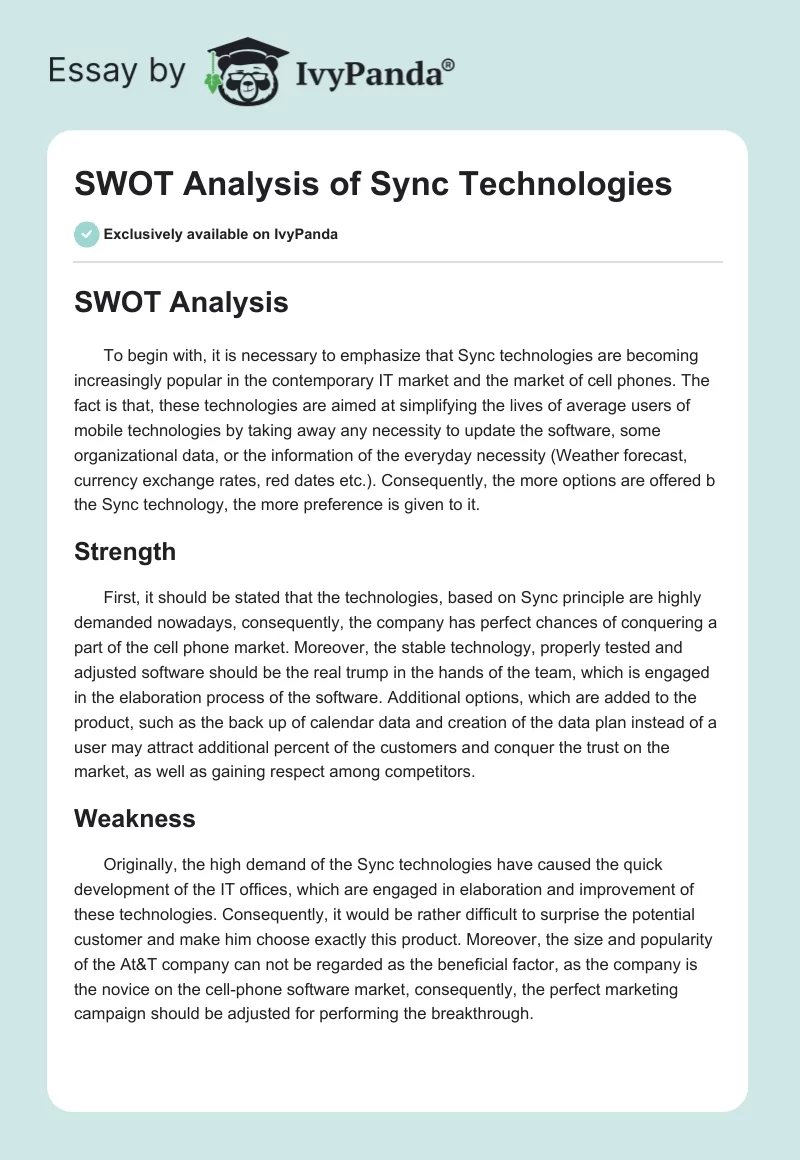SWOT Analysis of Sync Technologies. Page 1