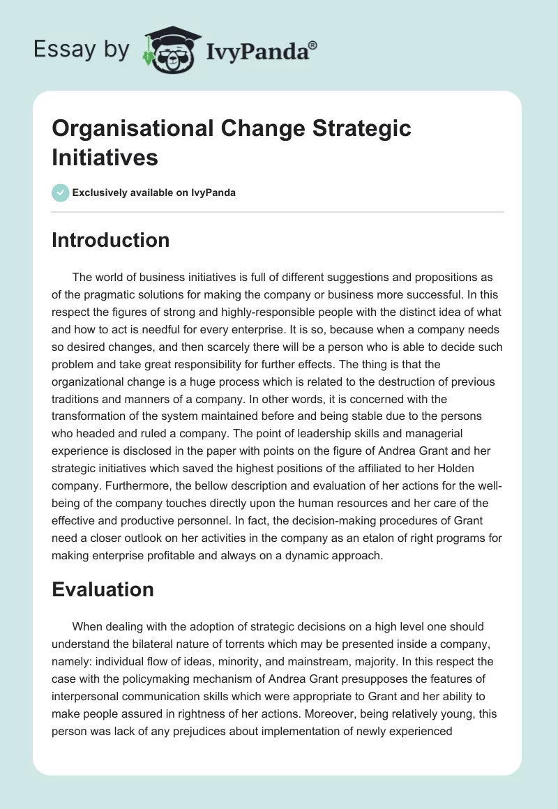 Organisational Change Strategic Initiatives. Page 1