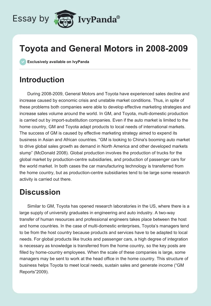 Toyota and General Motors in 2008-2009. Page 1