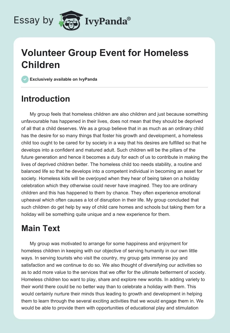 Volunteer Group Event for Homeless Children. Page 1