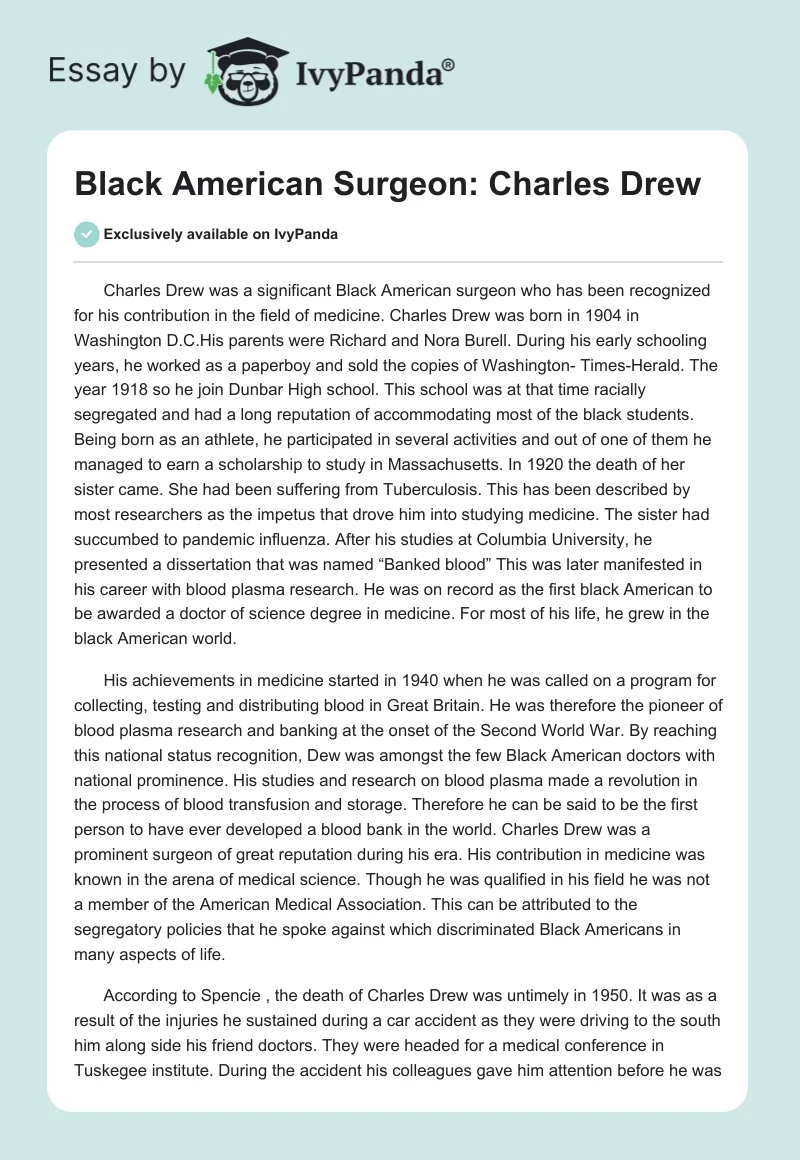 Black American Surgeon: Charles Drew. Page 1