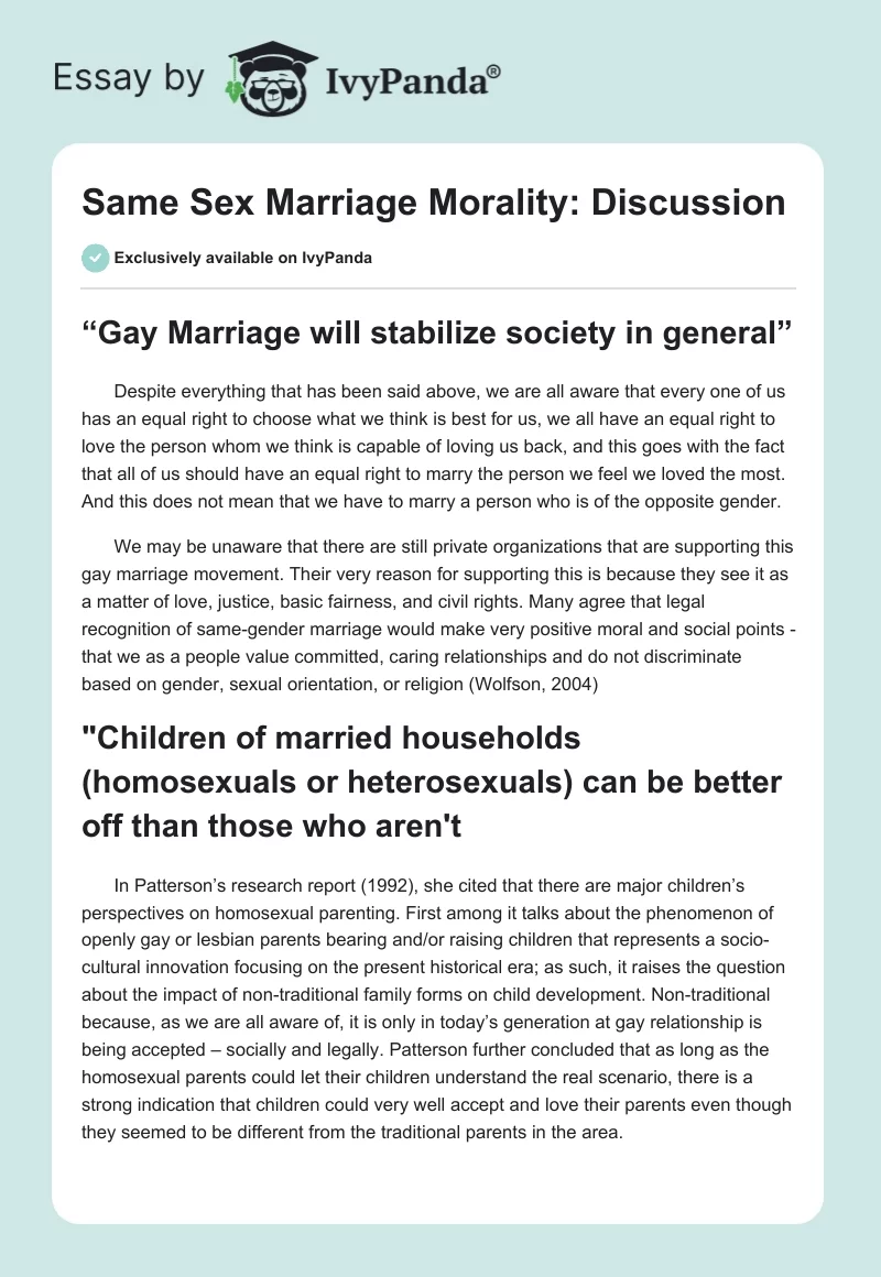Same Sex Marriage Morality: Discussion. Page 1