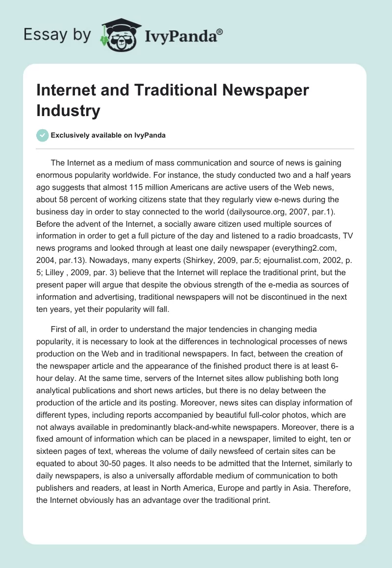 Internet and Traditional Newspaper Industry. Page 1
