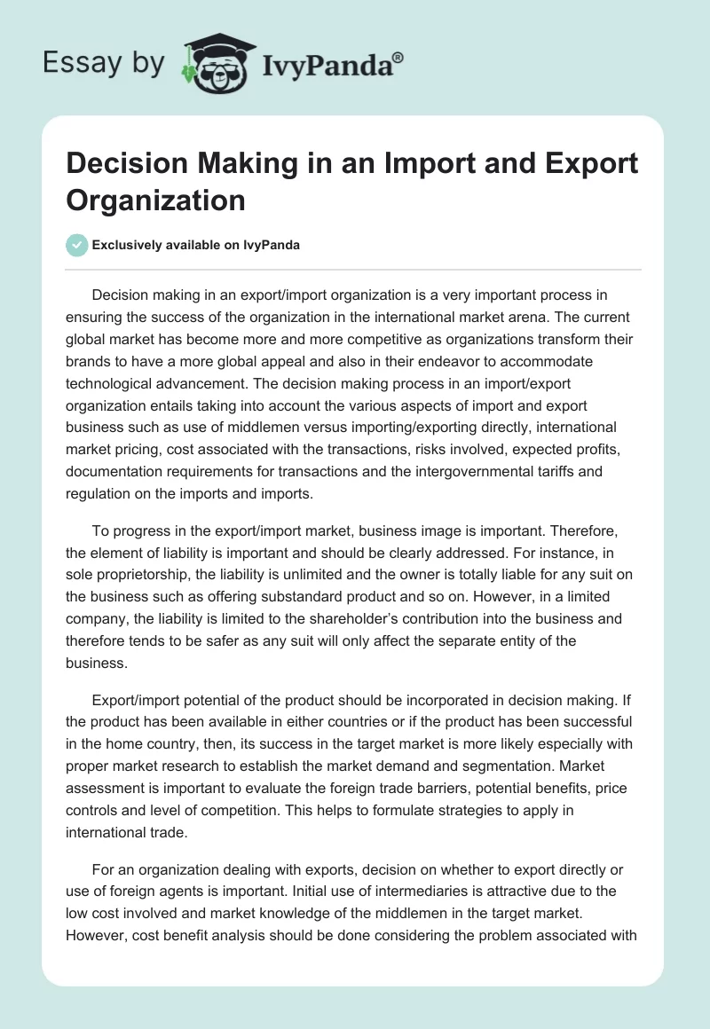 Decision Making in an Import and Export Organization. Page 1
