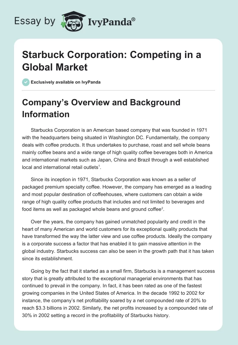 Starbuck Corporation: Competing in a Global Market. Page 1