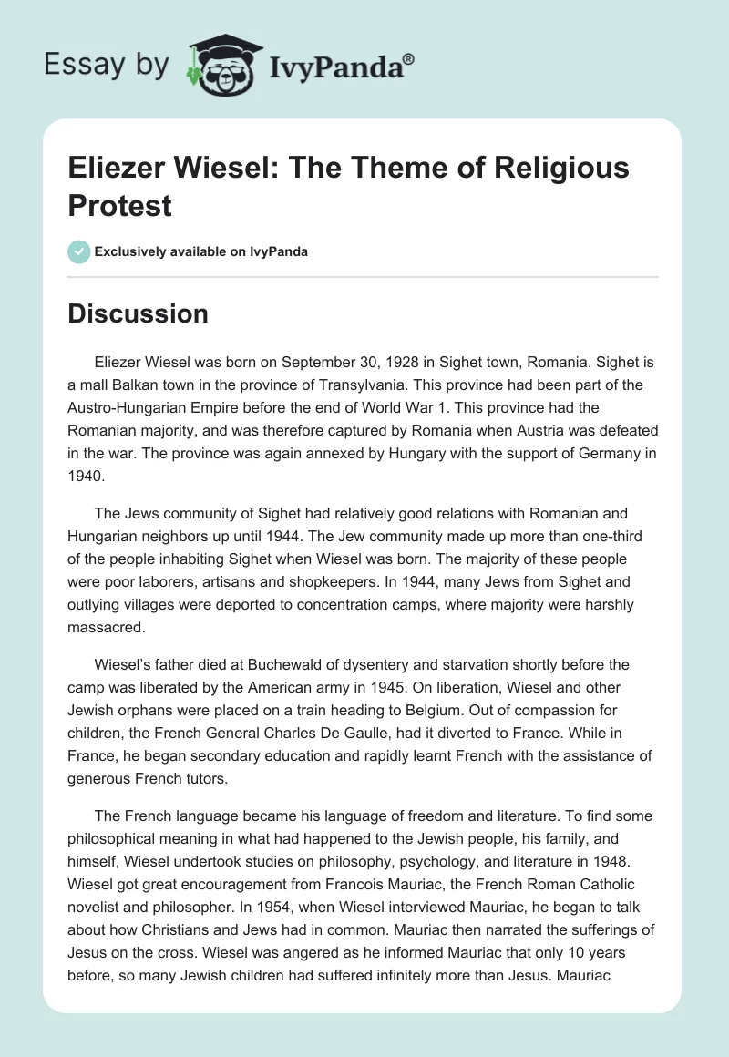 Eliezer Wiesel: The Theme of Religious Protest. Page 1