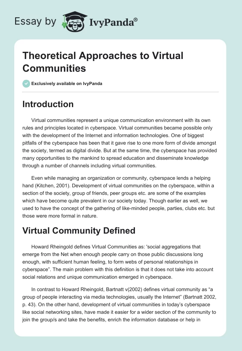 Theoretical Approaches to Virtual Communities. Page 1