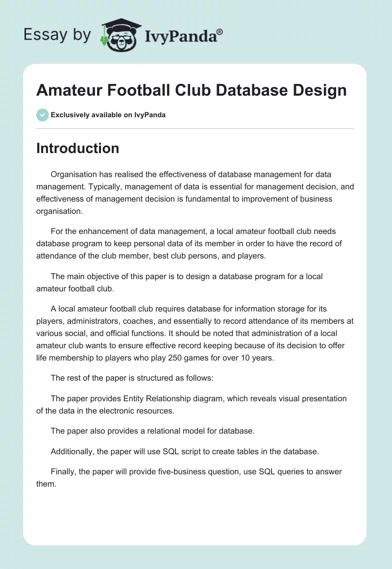 Amateur Football Club Database Design. Page 1