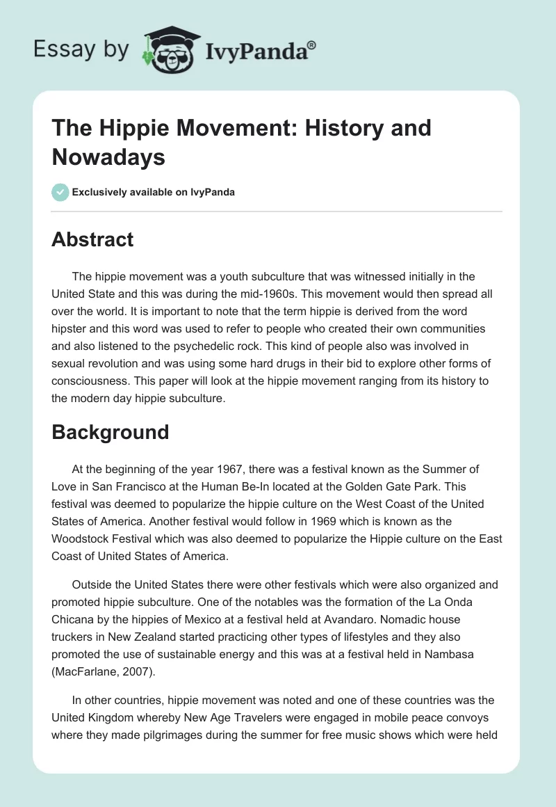 The Hippie Movement: History and Nowadays. Page 1