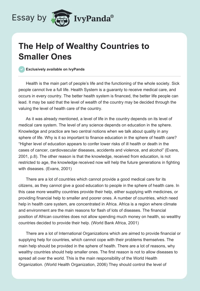 The Help of Wealthy Countries to Smaller Ones. Page 1