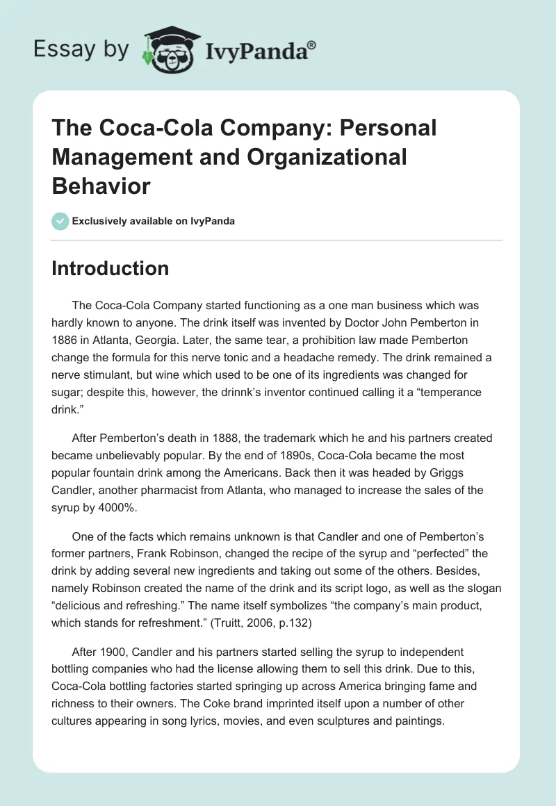 The Coca-Cola Company: Personal Management and Organizational Behavior. Page 1