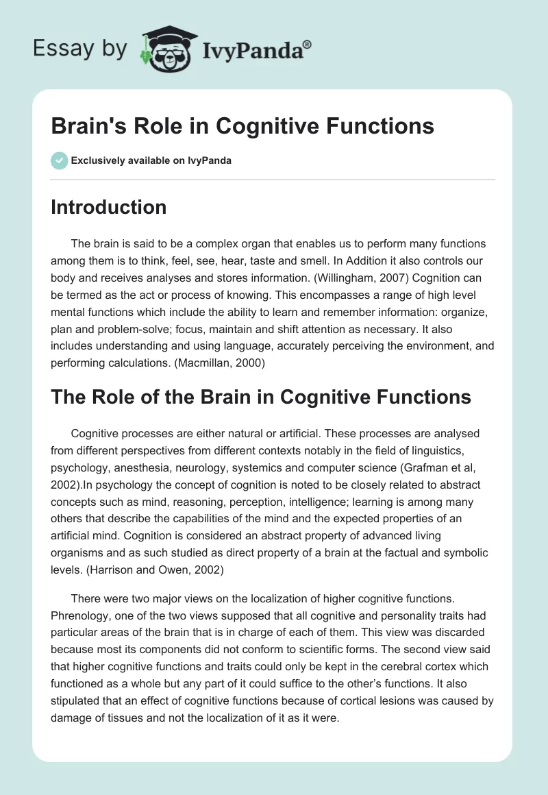 Brain's Role in Cognitive Functions. Page 1