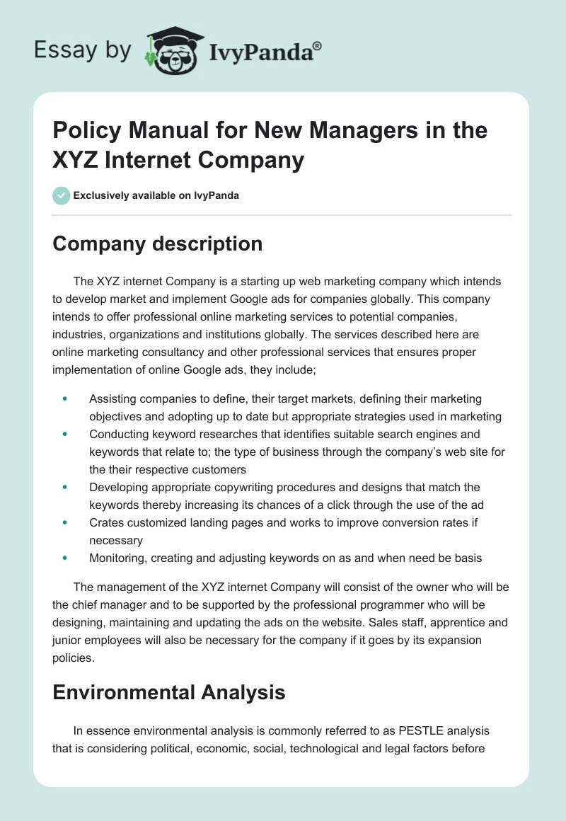 Policy Manual for New Managers in the XYZ Internet Company. Page 1