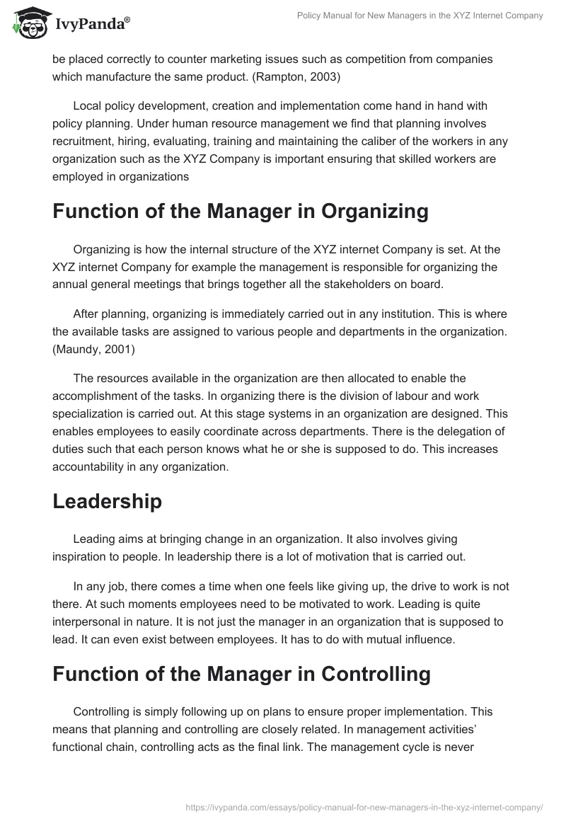 Policy Manual for New Managers in the XYZ Internet Company. Page 4