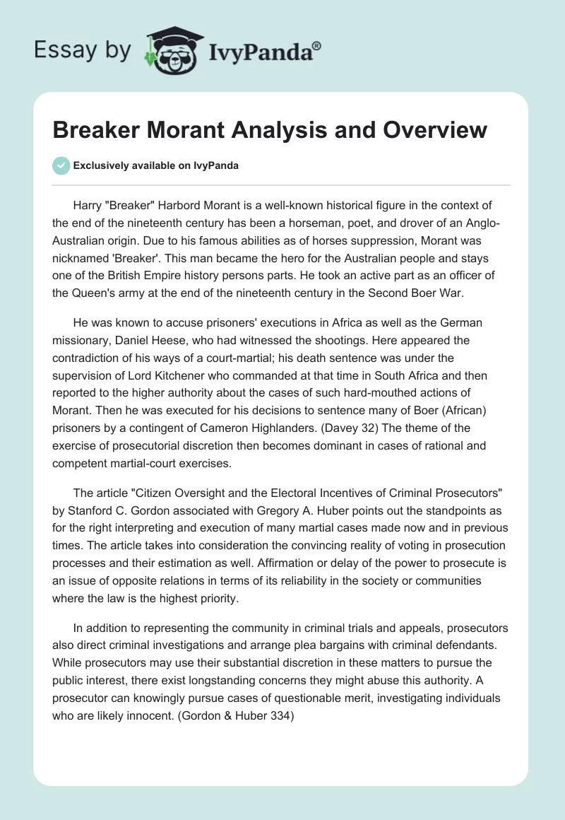 "Breaker Morant" Analysis and Overview. Page 1