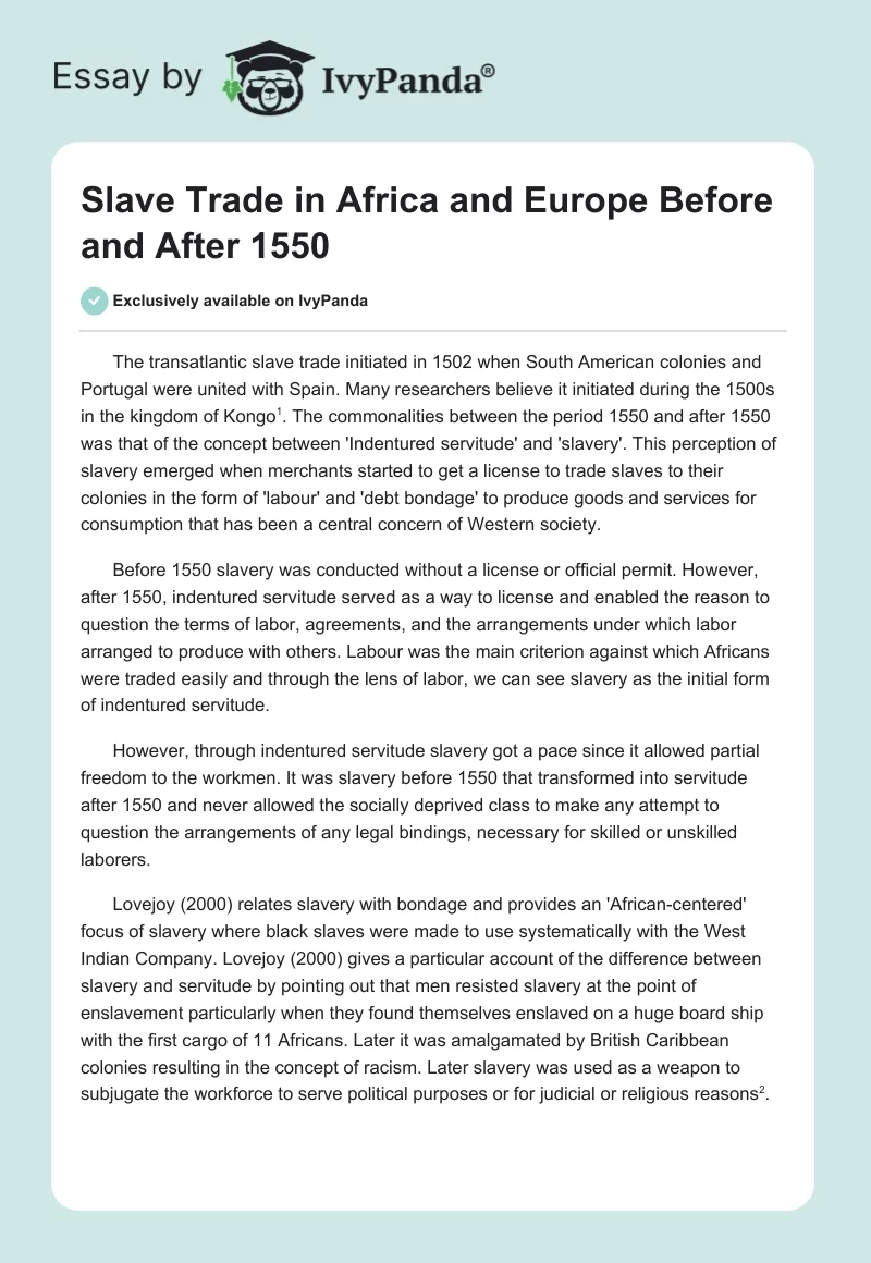 Slave Trade in Africa and Europe Before and After 1550. Page 1