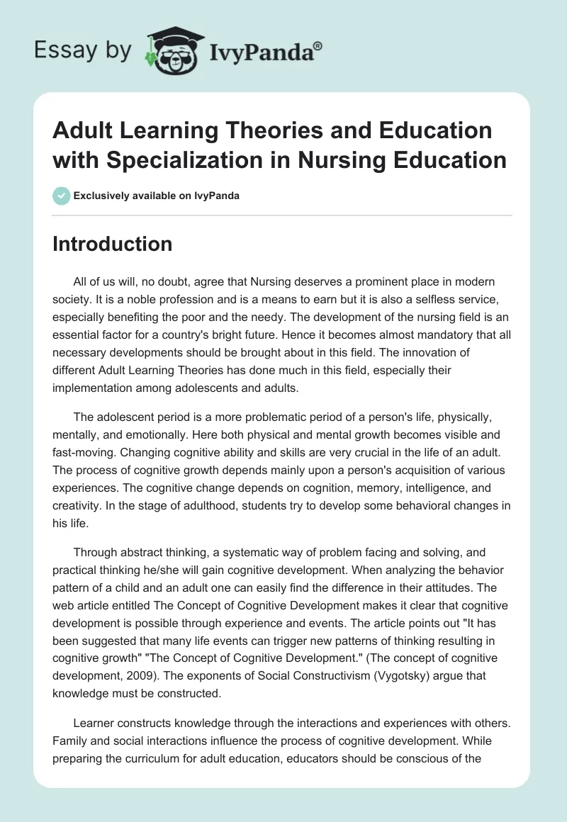 Adult Learning Theories and Education with Specialization in Nursing Education. Page 1