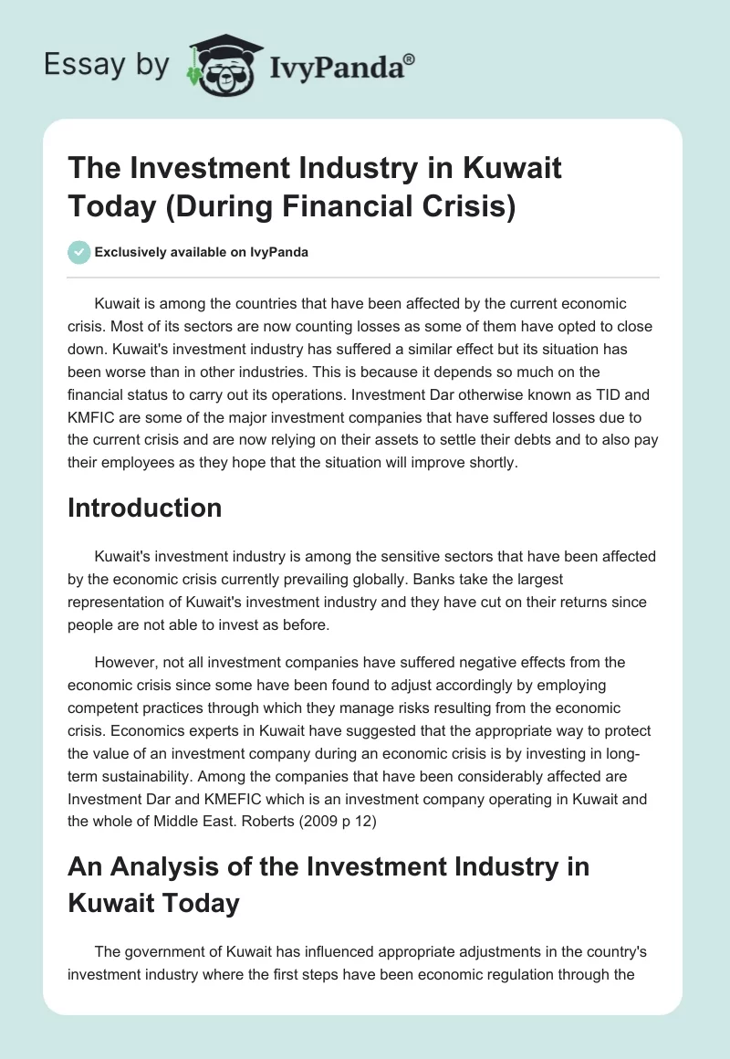 The Investment Industry in Kuwait Today (During Financial Crisis). Page 1