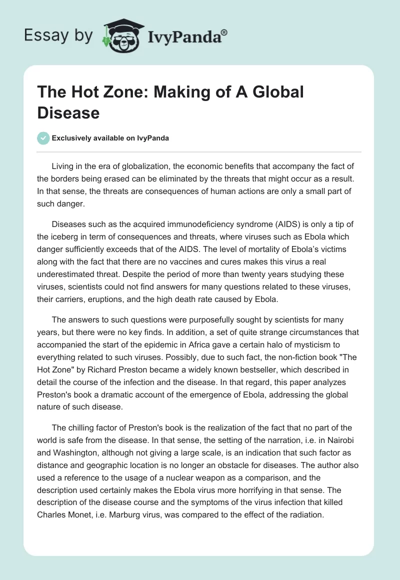 The Hot Zone: Making of A Global Disease. Page 1