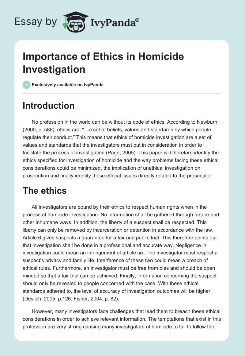 Importance of Ethics in Homicide Investigation. Page 1