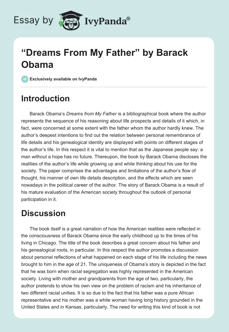 “Dreams From My Father” by Barack Obama. Page 1