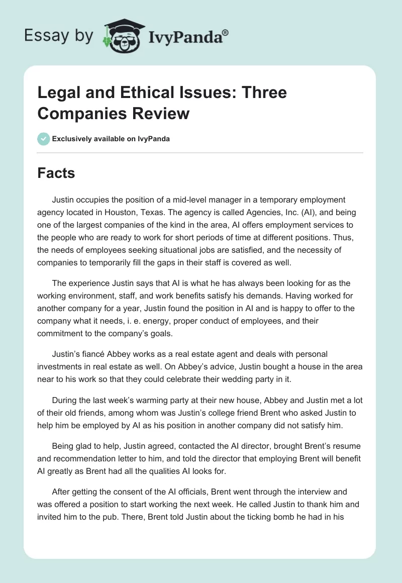 Legal and Ethical Issues: Three Companies Review. Page 1